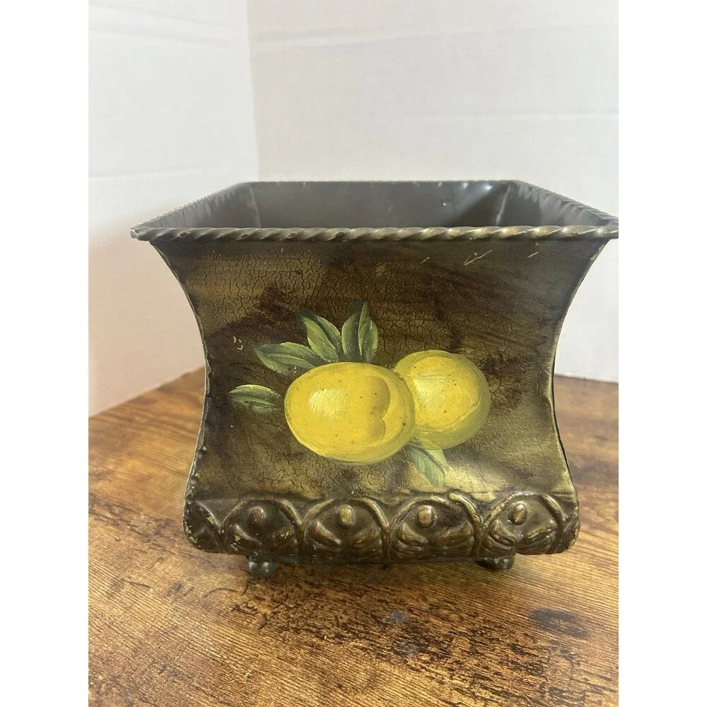 Vintage Toleware Lemon Cachepot Planter Metal Vase Rustic Farmhouse Decor Pot